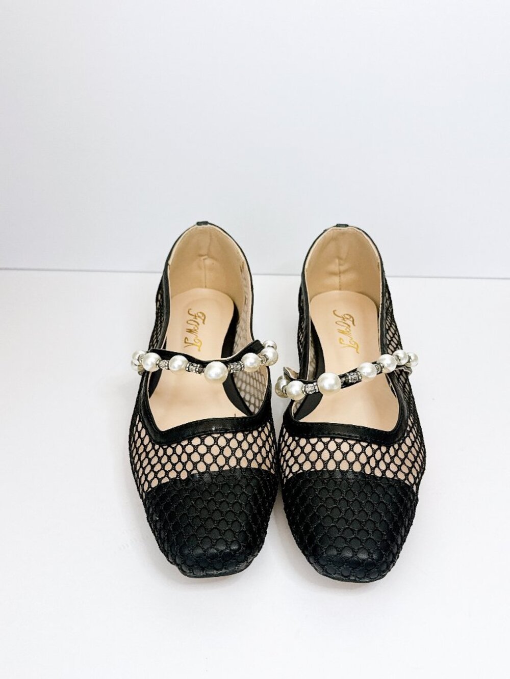 Size 11 Black Flats Women Square Toe Slip on Pearl Studded Strap Elegant FOWT